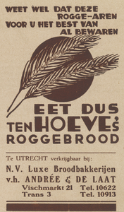 717389 Advertentie van de N.V. Luxe Broodbakkerijen v.h. Andrée & De Laat, Vismarkt 21 en Trans 3 te Utrecht, voor Ten ...